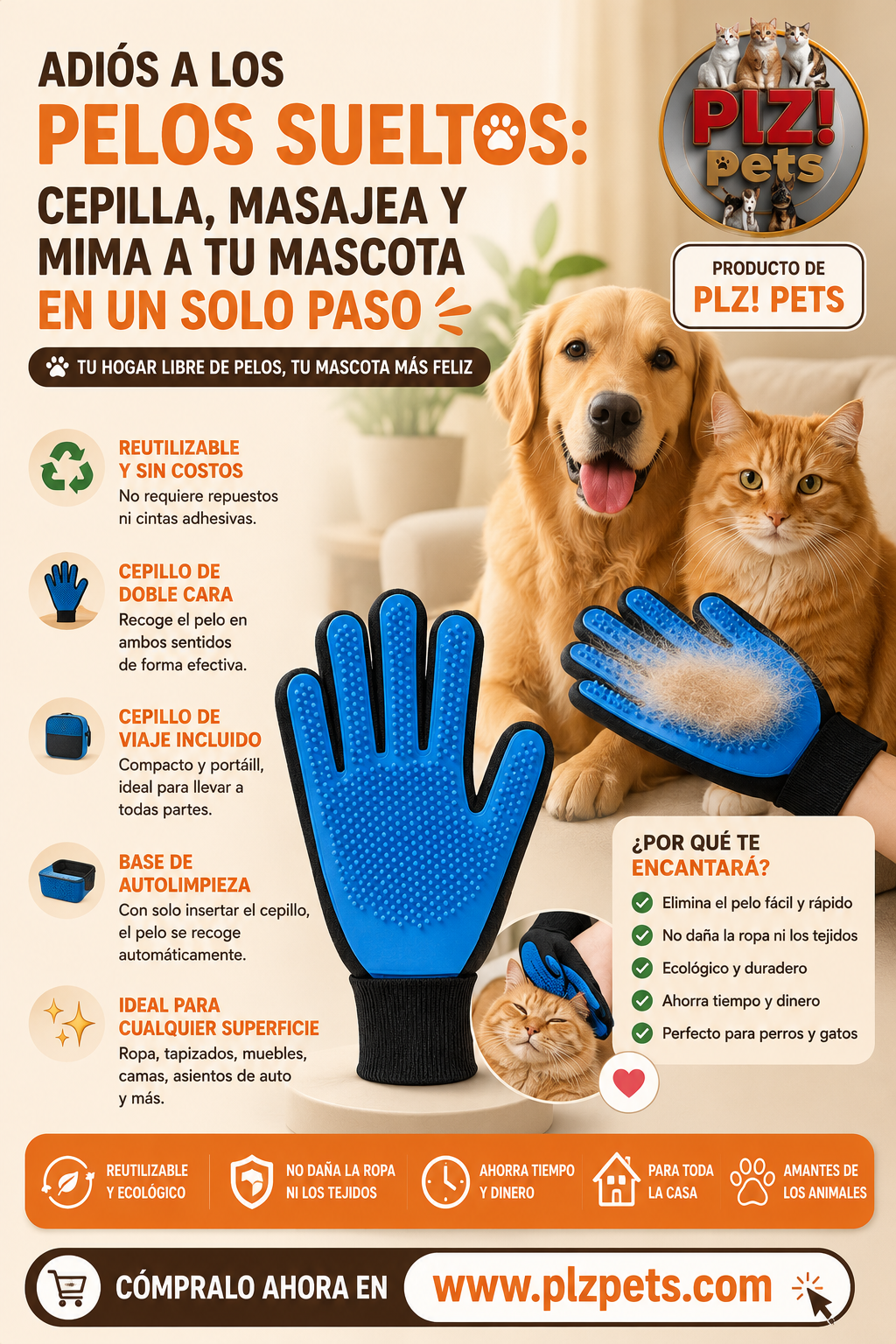Guante cepillo quita pelos para mascotas